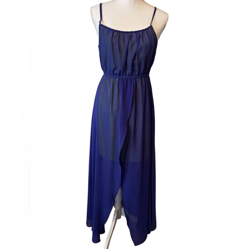 Ya Los Angeles Royal Blue Neon Yellow Silk High Low Dress